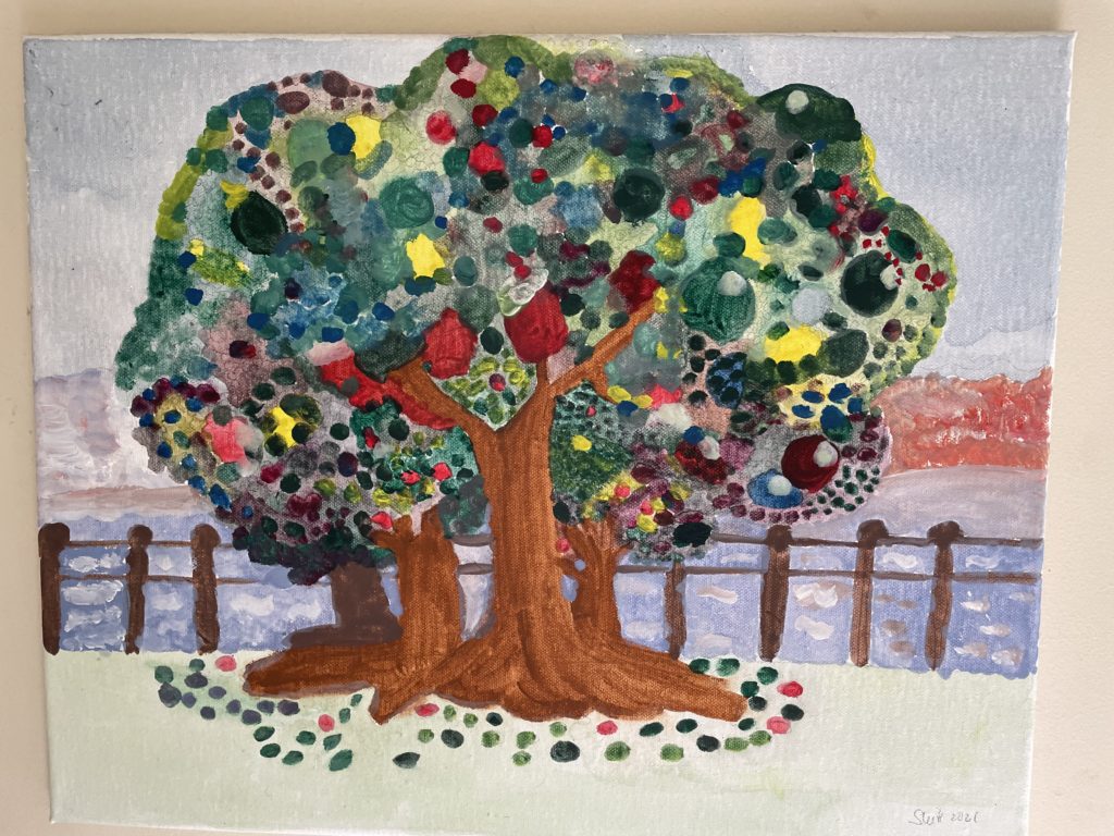 Árvore 1: A árvore e os seus frutos num jardim à beira mar 2021 SLeite; Acrílico sobre tela
