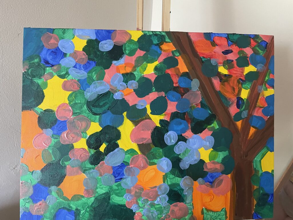 Árvore 4: Uma árvore, troncos e muitas folhas coloridas; Acrílico sobre tela